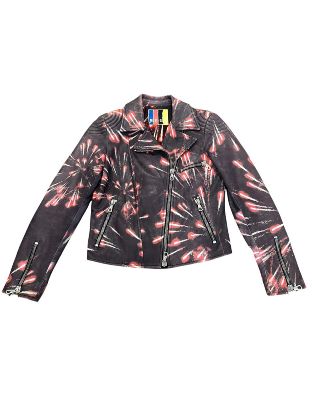 MSGM Italy Red Firework Rare 100% Ovine Leather Biker Jacket Sz 40 IT / US S